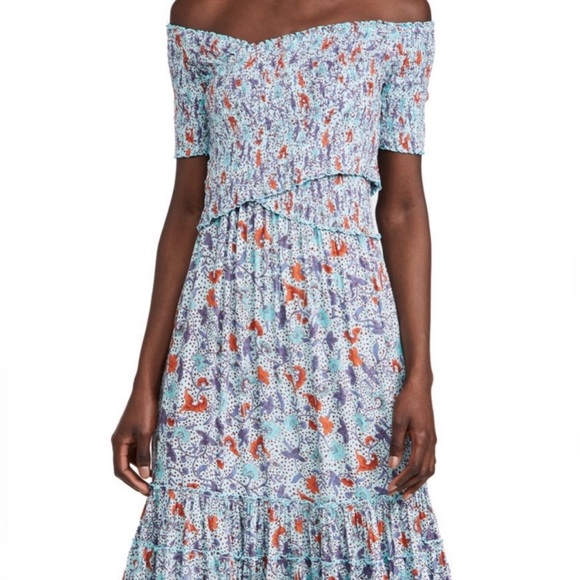 Poupette St. Barth Soledad off the shoulder midi dress in blue floral, NWOT - Picture 2 of 5